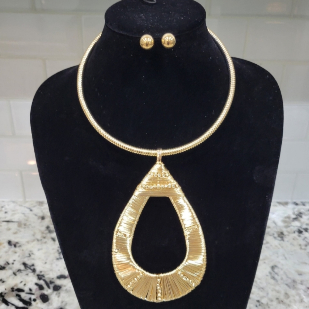 Oversized Goldplated Bold Ethnc Statement Metal Wire Wrapped Teardrop Choker Set